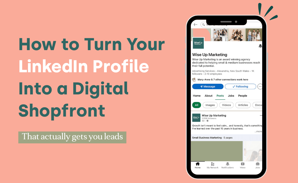 Peach hero graphic with bold headline about turning a LinkedIn profile into a digital shopfront and a smartphone showing LinkedIn on the right.