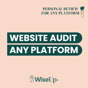 Promotional graphic for WiseUp: “Website Audit for any platform” with a top tagline and a heart-paperclip icon; WiseUp logo at bottom.
