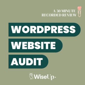 Promotional graphic announcing a 30-minute WordPress Website Audit by WiseUp, with stacked teal rounded bars spelling 'WORDPRESS WEBSITE AUDIT' on an olive background and a WiseUp logo at the bottom.